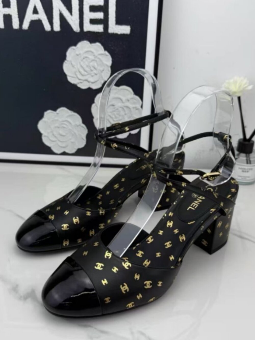 Chanel All-Over CC Slingback Block Heels Black Gold Size 37 (US 7)